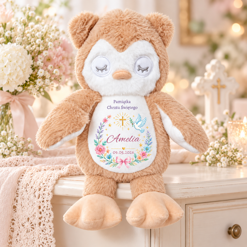 Sowa Pluszowa 25 cm z Personalizacją - Prezent dla dziewczynki na Chrzest, Roczek, Urodziny