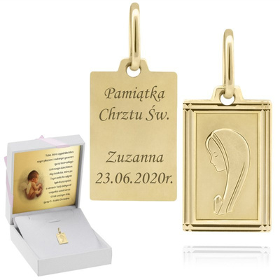 Złoty medalik z Matką Boską 585 w ramce z grawerem i dedykacją
