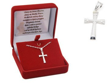 Srebrny krzyżyk pr. 925 z dedykacją i łańcuszkiem w pudełku prezentowym